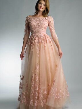 D7503L Three Quarter Sleeve Formal Gown - Pink